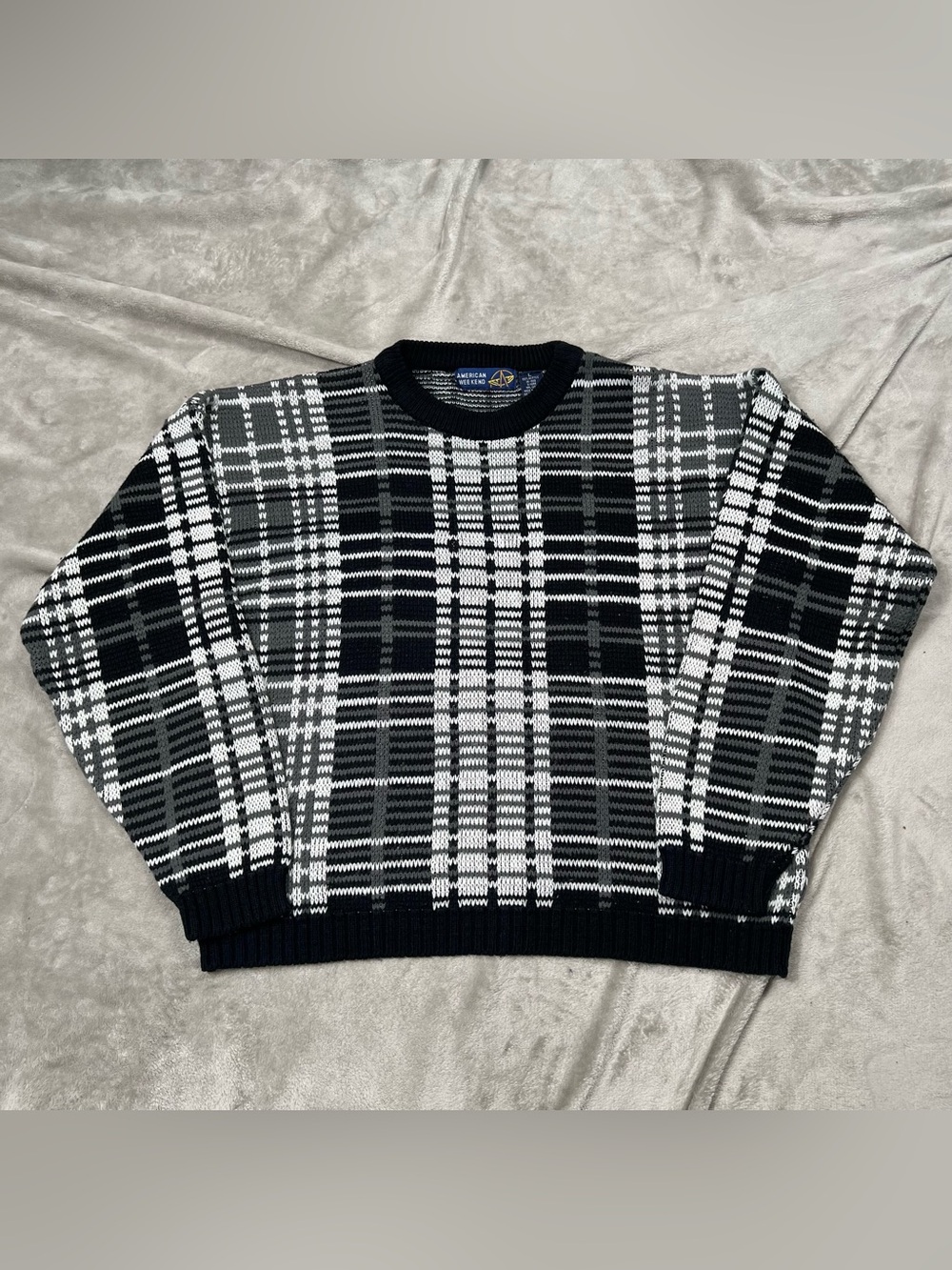 Vintage American Weekend Sweater Mens L White/Black Pullover Jumper Boxy 90s
